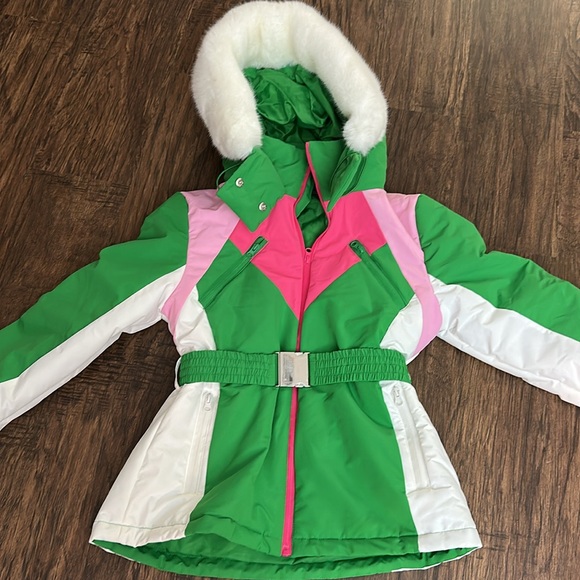 PRETTYLITTLETHING SKI Green And White Faux Fur Hooded Belted Jacket - size 8 - Picture 8 of 12